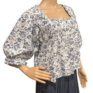 Cupcakes and Cashmere Blue & White Linen Toile BOHO Peasant Top Square Neck Sz M